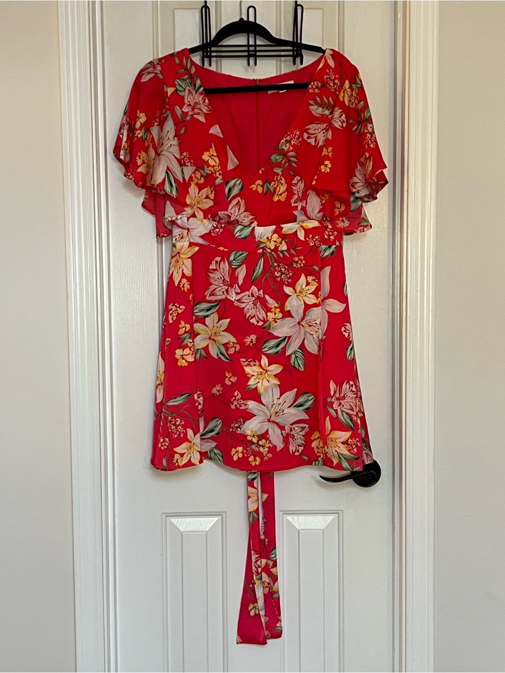 BB Dakota Red Floral Wrap Mini Dress with Flutter Sleeves
